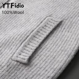 YTFidio 100% Wool Men Sweater Half High Collar Zipper Sweater with pocket Thickened Warm Loose Solid Cardigan Knitwear Basic 193