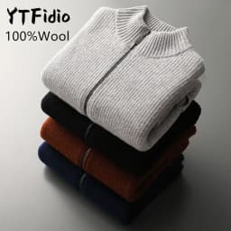 YTFidio 100% Wool Men Sweater Half High Collar Zipper Sweater with pocket Thickened Warm Loose Solid Cardigan Knitwear Basic 193