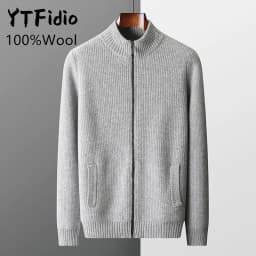 YTFidio 100% Wool Men Sweater Half High Collar Zipper Sweater with pocket Thickened Warm Loose Solid Cardigan Knitwear Basic 193