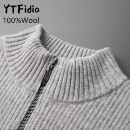 YTFidio 100% Wool Men Sweater Half High Collar Zipper Sweater with pocket Thickened Warm Loose Solid Cardigan Knitwear Basic 193