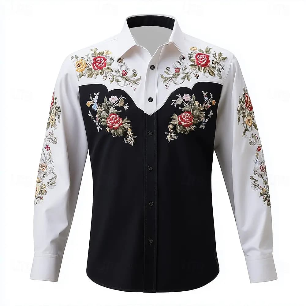 Men's 2025 Long Sleeve Shirt Floral Print Western Cowboy Shirt Autumn Streetwear Casual Comfort Polyester Slim Fit Shirts