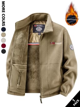 Men's Multi-Color Fleece-Lined Stand-Collar Jacket for Autumn and Winter, Full-Zip Thickened Warm Coat, with Fine Fleece Lining and Elastic Cuff Cuffs, Chest Badge Decoration, Versatile Men's Outerwear for Daily Commuting, Outdoor Activities, and Casual Wear