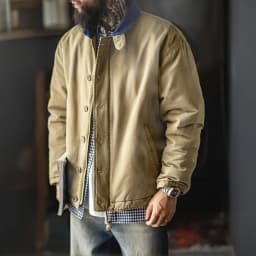 Maden Men's Vintage N-1 Deck Jacket Heavyweight Cotton Filled Short Coat Stand Collar Warm Windbreaker