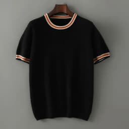 2026 Summer New Fashion O-Neck 100% Wool Knit Short Sleeve Spliced Business Casual T-Shirts Men's Clothing Loose England Tees