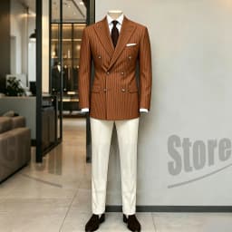 Men's Suit Brown Striped Double Breasted Blazer with Beige Pants Two Piece Formal Business Casual Outfit Office Daily Wear