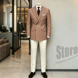 Men's Suit Brown Striped Double Breasted Blazer with Beige Pants Two Piece Formal Business Casual Outfit Office Daily Wear