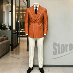 Men's Suit Brown Striped Double Breasted Blazer with Beige Pants Two Piece Formal Business Casual Outfit Office Daily Wear