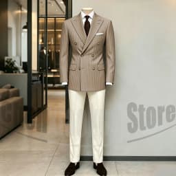 Men's Suit Brown Striped Double Breasted Blazer with Beige Pants Two Piece Formal Business Casual Outfit Office Daily Wear