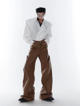 Mauroicardi Spring Autumn Long Loose Casual Brown Black Pu Leather Pants Men Luxury Designer Clothing Wide Leg Trousers 2023