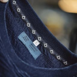 Maden Retro Knitted Jacquard Navy Blue T-shirt with Wavy Texture Loose Short-sleeved Round Neck Tee for Men's Summer Tops