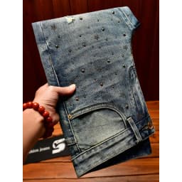 Fashionable light luxury jeans with men's patch design trendy retro elastic ripped pants