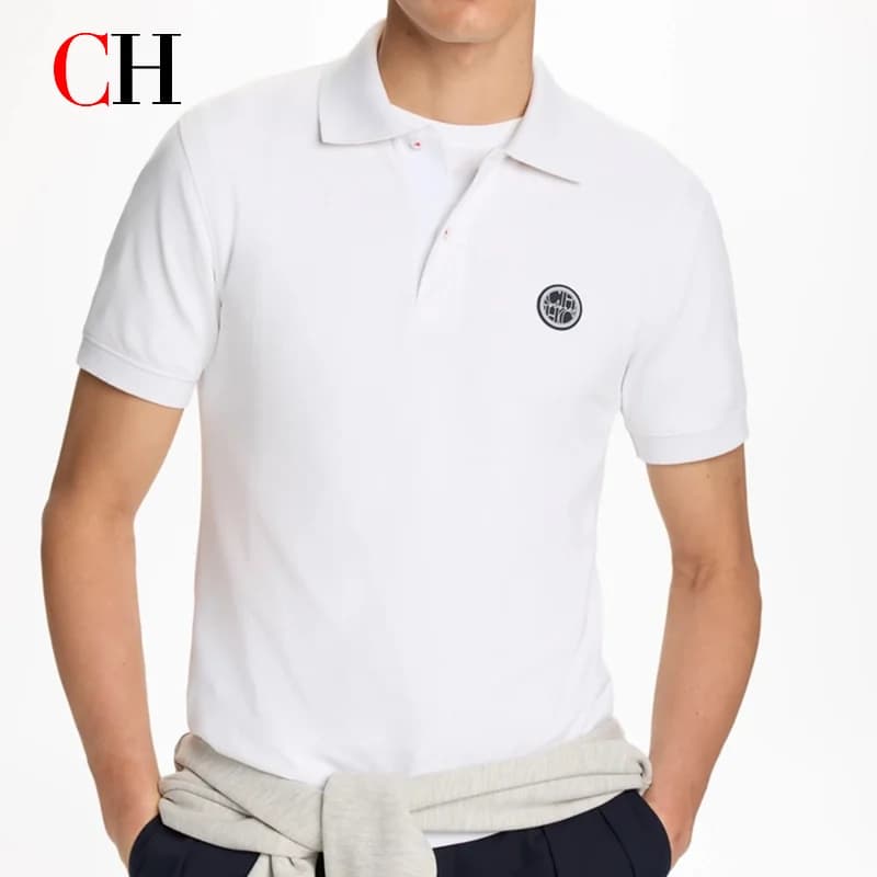CH Circular Rubber Patch Left Chest Premium Pique Short Sleeve Polo Shirt Men Classic Fit Breathable Office Daily Tops