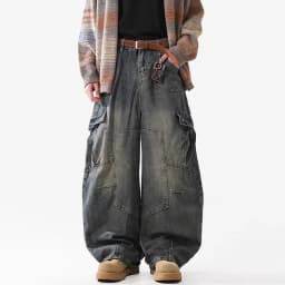 Retro Multi Pocket Curved Knife Jeans Autumn And Winter Vintage Wide Leg Workwear Pants Korean Version High Street Men'S Jeans