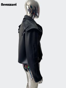 Nerazzurri Spring Autumn Cool Handsome Emo Hard Short Black Pu Leather Jacket Blazer Men with Three-dimensional Pockets Zipper
