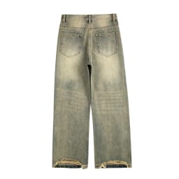 Vintage Oversized Split Deconstructed Men Wide Jeans Baggy Yellow Mud Dyed Washed Denim Jeans Cat Whisker Straight Denim Pant