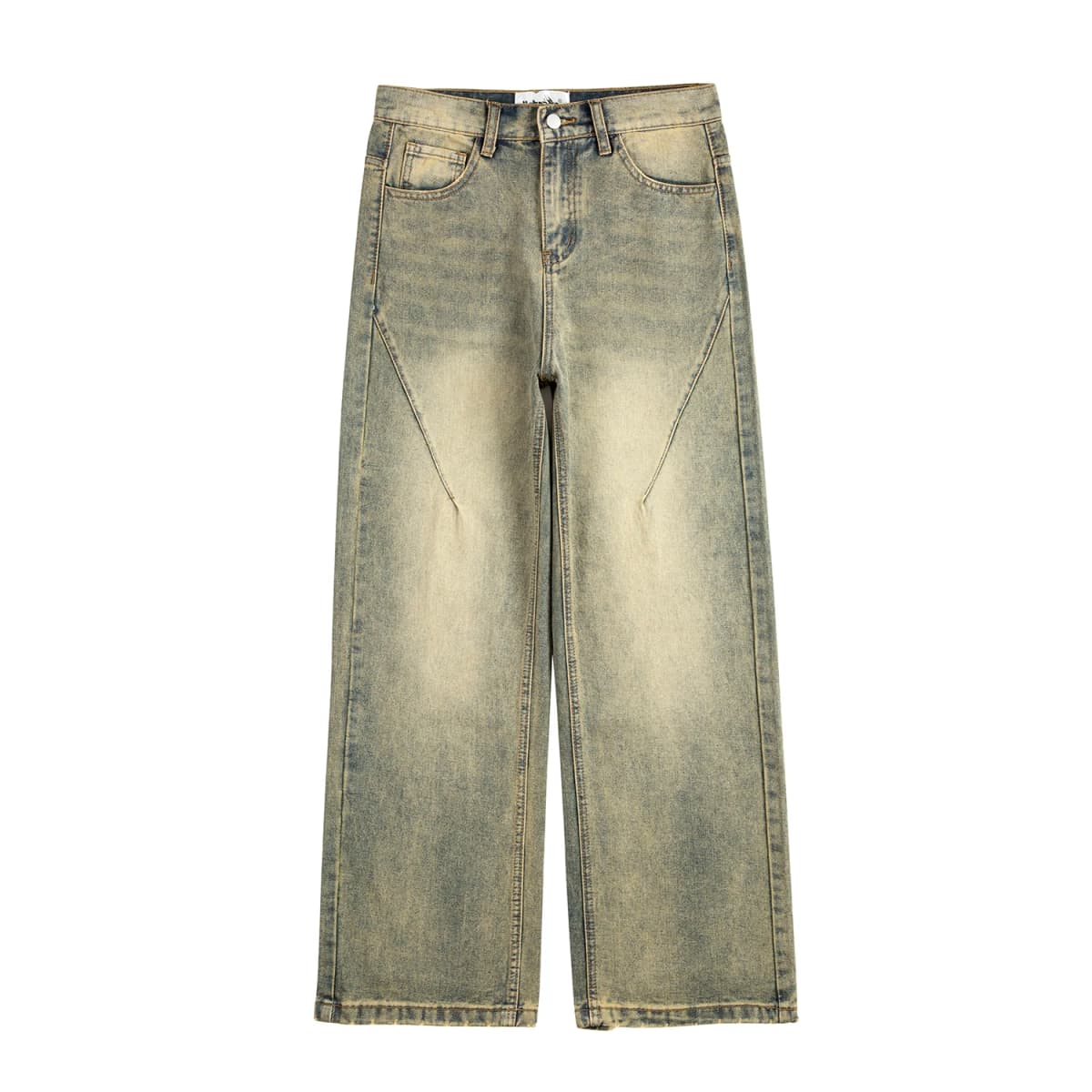 Vintage Oversized Split Deconstructed Men Wide Jeans Baggy Yellow Mud Dyed Washed Denim Jeans Cat Whisker Straight Denim Pant