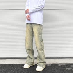 Vintage Oversized Split Deconstructed Men Wide Jeans Baggy Yellow Mud Dyed Washed Denim Jeans Cat Whisker Straight Denim Pant