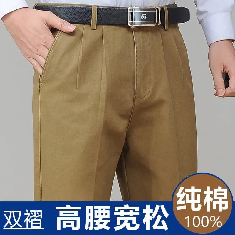 High Waist Double Pleated Casual Mens Pants 100% Cotton Black Khaki Yellow Clothing Straight Loose Work Trousers Men 40 42