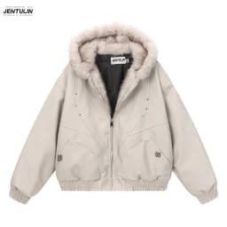 Male Jacket Padded Jackets Zipper Hooded Faux Fur PU Leather Thick Pockets Stylish Cotton Coats Y2K Winter Men Clothng Keep Warm