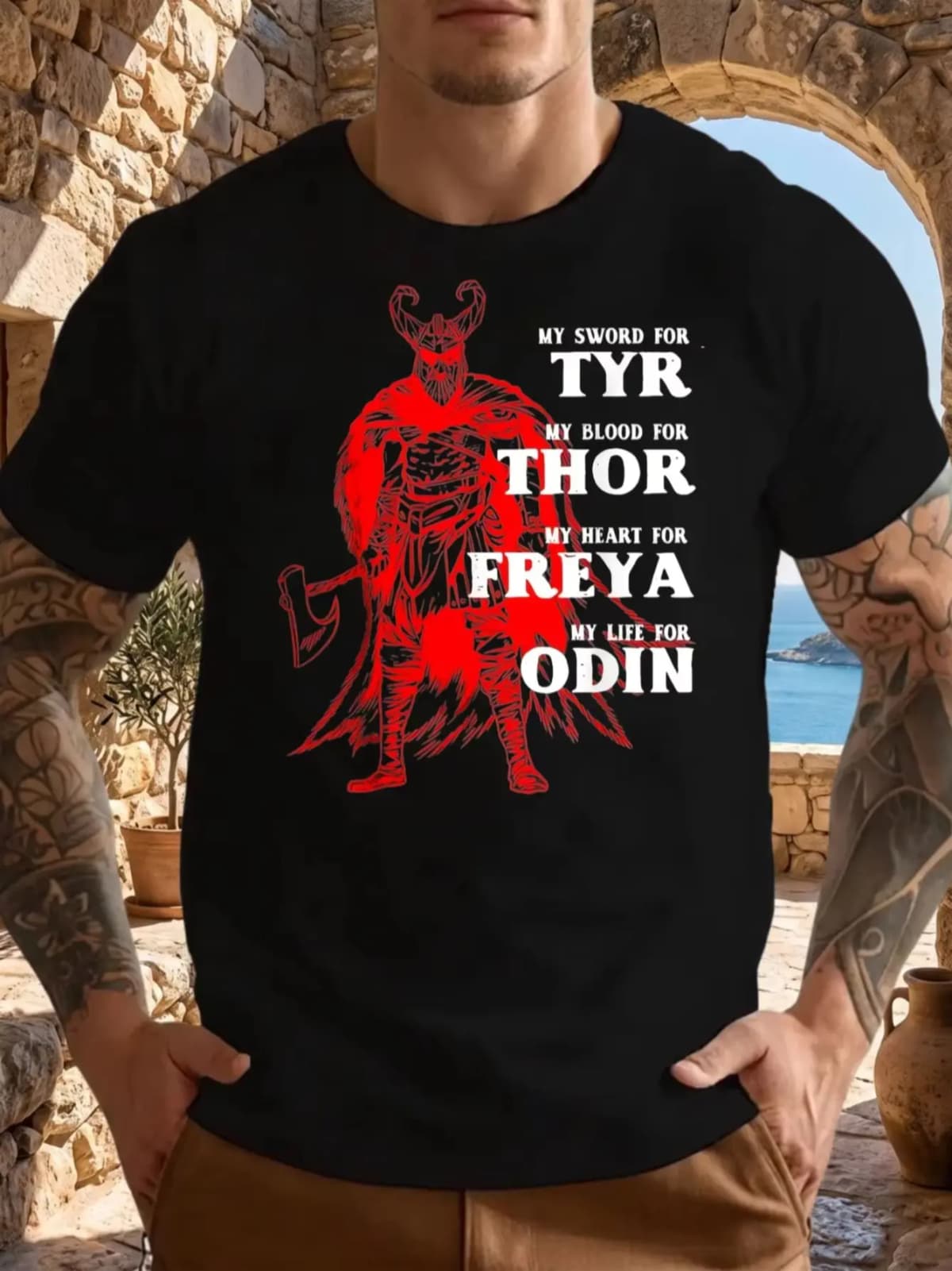 1pcs Funny 100% Cotton My Sword For Tyr Thor Freya Odin Short Sleeves T-shirt Gift Tee Shirt Crew Neck Suitable for Daily Outdoor Wear