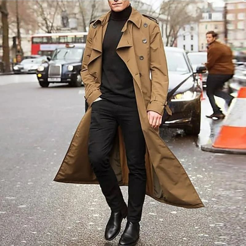 KIDWHXR Autumn Men Trench Coat Turn Down Collar Male Overcoat Simple Solid Mid Length Long Sleeve Man Windbreak Outerwear