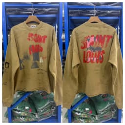 Mens Vintage Distressed Sweatshirt Saint Boxy Raw Cropped Hem Sleeve Sketch Print Top