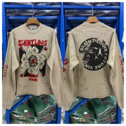 Mens Vintage Distressed Sweatshirt Saint Boxy Raw Cropped Hem Sleeve Sketch Print Top