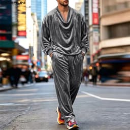 INCERUN Men Sets Solid Color Velour Pleated Long Sleeve T Shirt Pants Two Piece Sets Streetwear Loose Fashion Men Matching Sets