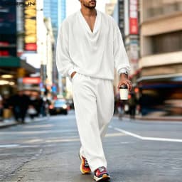 INCERUN Men Sets Solid Color Velour Pleated Long Sleeve T Shirt Pants Two Piece Sets Streetwear Loose Fashion Men Matching Sets