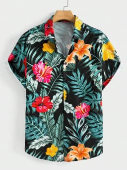 Hawaiian Botanical Flower Print Men's and Women's Short Sleeve Lapel Shirt Seaside Button-Down Shirt Top
