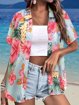 Summer Fashion Women's Hawaiian Coconut Tree Print Short Sleeve Lapel Casual Button Shirt Tops Women's Hawaiian Shirt
