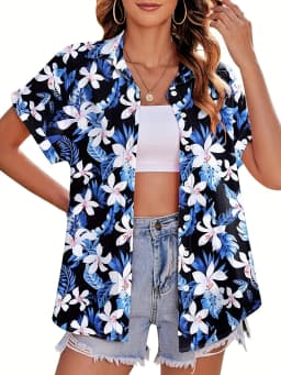 Summer Fashion Women's Hawaiian Coconut Tree Print Short Sleeve Lapel Casual Button Shirt Tops Women's Hawaiian Shirt