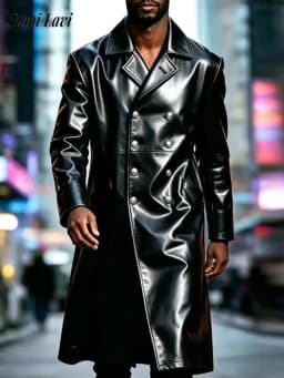 Daily Casual Turn-down Collar Coats Mens Fall Shiny Leather Long Sleeve Outerwear Men Vintage Double-breasted Maxi Jacket