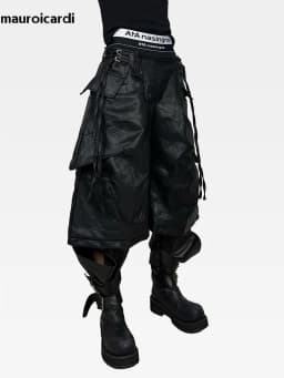 Mauroicardi Spring Autumn Cool Black Pu Leather Wide Leg Calf-Length Pants for Men Luxury Brands Designer Original Clothes 2026