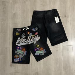 New Y2K Colorful Rhinestone VALLEY Embroidery Patch Label Denim Shorts Jorts Men Women High Quality Loose Straight Short Jeans