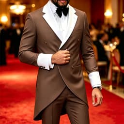 Men Tailcoat Suit 2 Pieces Double Breasted Brown Tuxedo White Contrast Lapel Cuff Groom Wedding Formal Evening Party Jacket Pants
