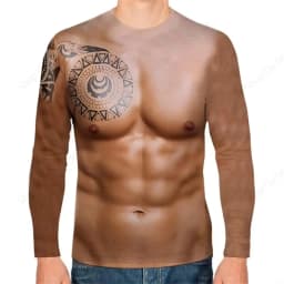 Funny Fake Musclet-Shirt 3D Funny Muscle Body Printed T-Shirts Slim Oversized T Shirt Men Tops Ugly Chest Hair Tops Long Sleeve