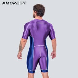 AMORESY Men Smooth Satin Running Catsuit Half Sleeve Bodysuit Yoga Sports Cycling Overalls Tracksuits Jumpsuits Running Leotards