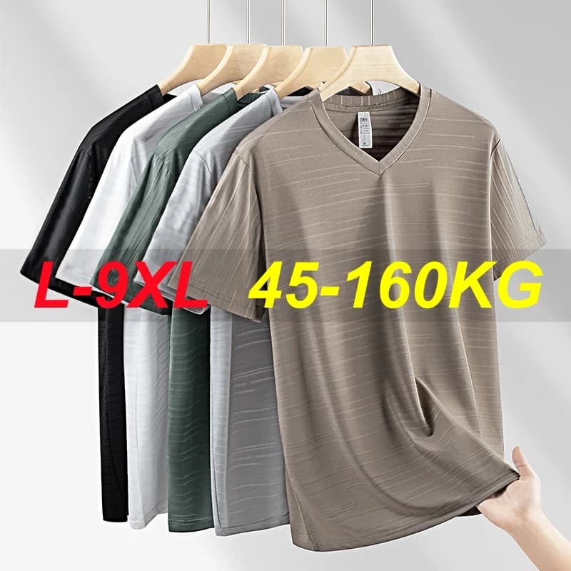 10xl Big Size T-Shirt Men V-Neck Loose 9xl 8xl Spandex 2025 Summer Slim Fit Men's T Shirts Sport Quick Dry Short Sleeve Tops Tee