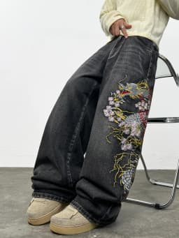 American Retro Washed Distressed Dragon Embroidery Men's Loose Wide-Leg Jeans Street Hip-Hop Trend Fashion Versatile Trousers