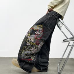 American Retro Washed Distressed Dragon Embroidery Men's Loose Wide-Leg Jeans Street Hip-Hop Trend Fashion Versatile Trousers