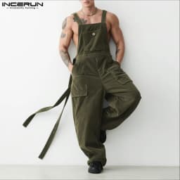 INCERUN Men Jumpsuits Solid Corduroy Sleeveless Casual Straps Rompers Men Streetwear Loose Pockets 2026 Fashion Cargo Overalls