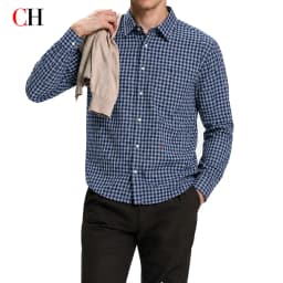 CH Mens Essential Lapel Subtle Letter Embroidery Full Grid Long Sleeve Shirt Office Casual Dual Use Top