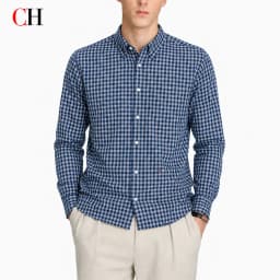 CH Mens Essential Lapel Subtle Letter Embroidery Full Grid Long Sleeve Shirt Office Casual Dual Use Top