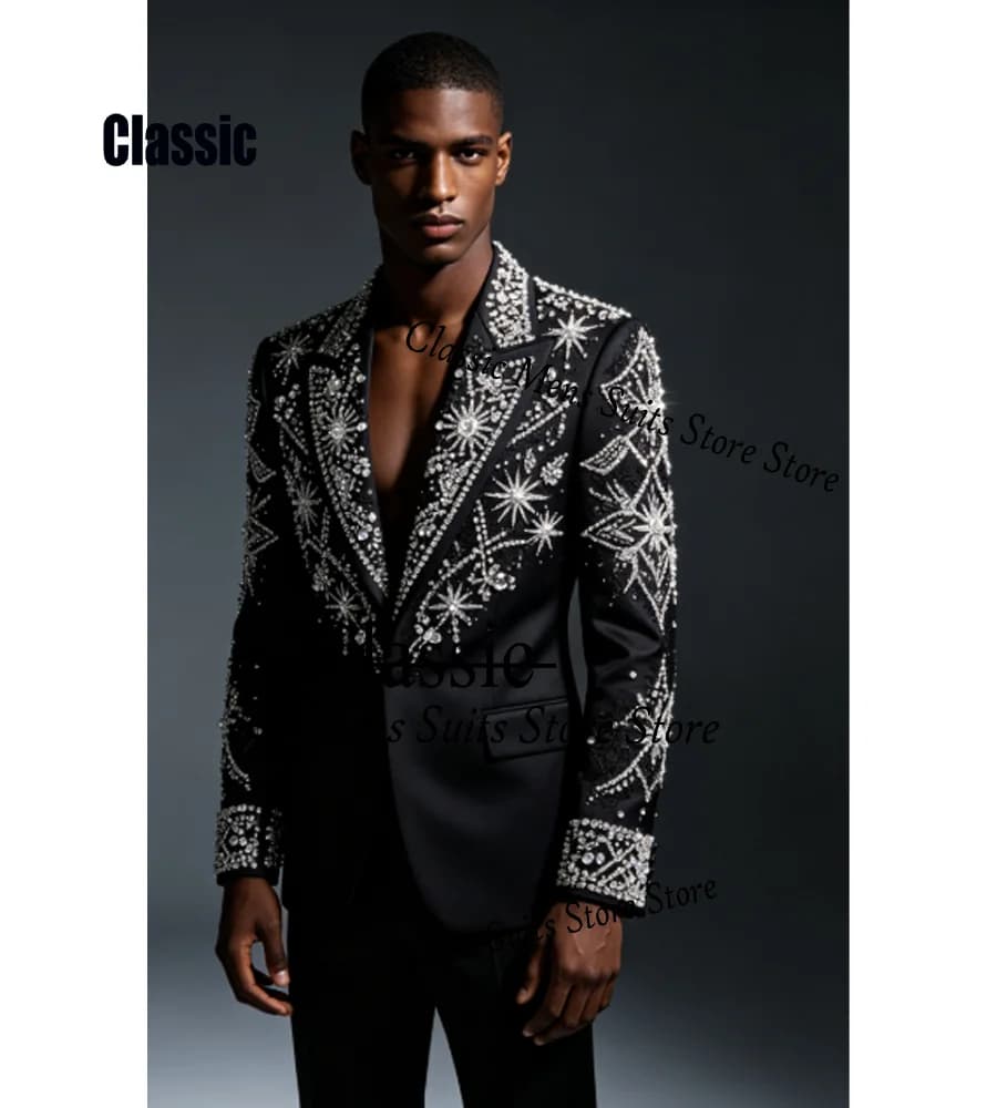 Customized Crystal Jewelry Men Suit Luxury Sequin Gem For Evening Groom Male Prom Party Elegant Blazer 2 Pieces Set Tuxedos Slim
