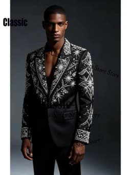 Customized Crystal Jewelry Men Suit Luxury Sequin Gem For Evening Groom Male Prom Party Elegant Blazer 2 Pieces Set Tuxedos Slim