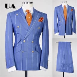 Blue Plaid Two Pieces Suit Including Jacket Pants, Double Side Pockets Formal Business Suit Attire XS-4XL Men's Prom Outfit