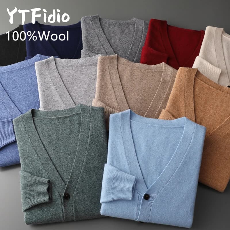 YTFidio 100% Wool Men Sweater V-Neck handsome Sweater Botton Warm Soft Solid Cardigan Knitwear Basic 190