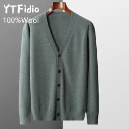 YTFidio 100% Wool Men Sweater V-Neck handsome Sweater Botton Warm Soft Solid Cardigan Knitwear Basic 190