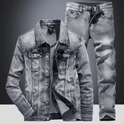 Men's Denim Jacket Jeans Pants Letters Printing Long Coat Trousers 2 Pcs Set Casual Single Breasted